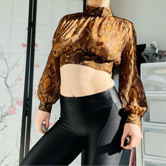 Zara Python Gold Dramatic Balloon Sleeves Sheer Crop Top - Picture 2 of 16